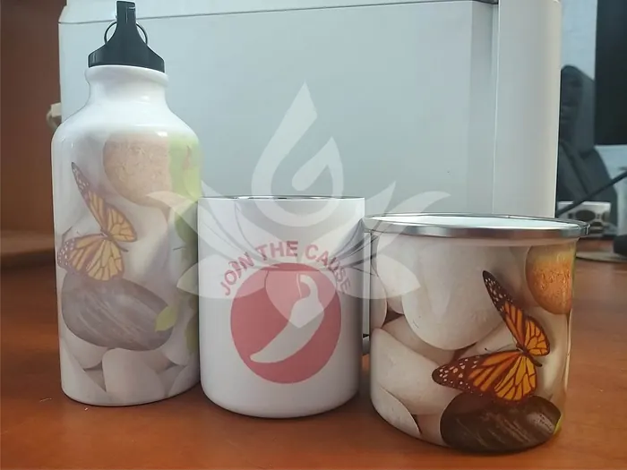 Mug, enamel mug and bottle in full colour